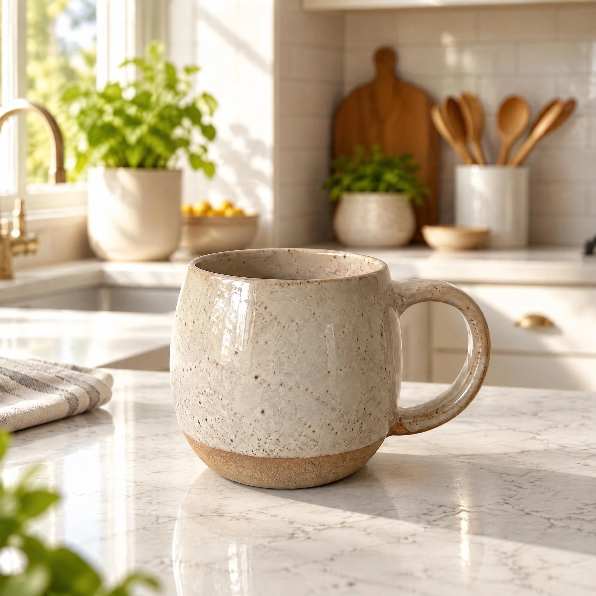 Speckled stoneware mug on a marble kitchen counter in sunlight, with plants and wooden spoons behind it