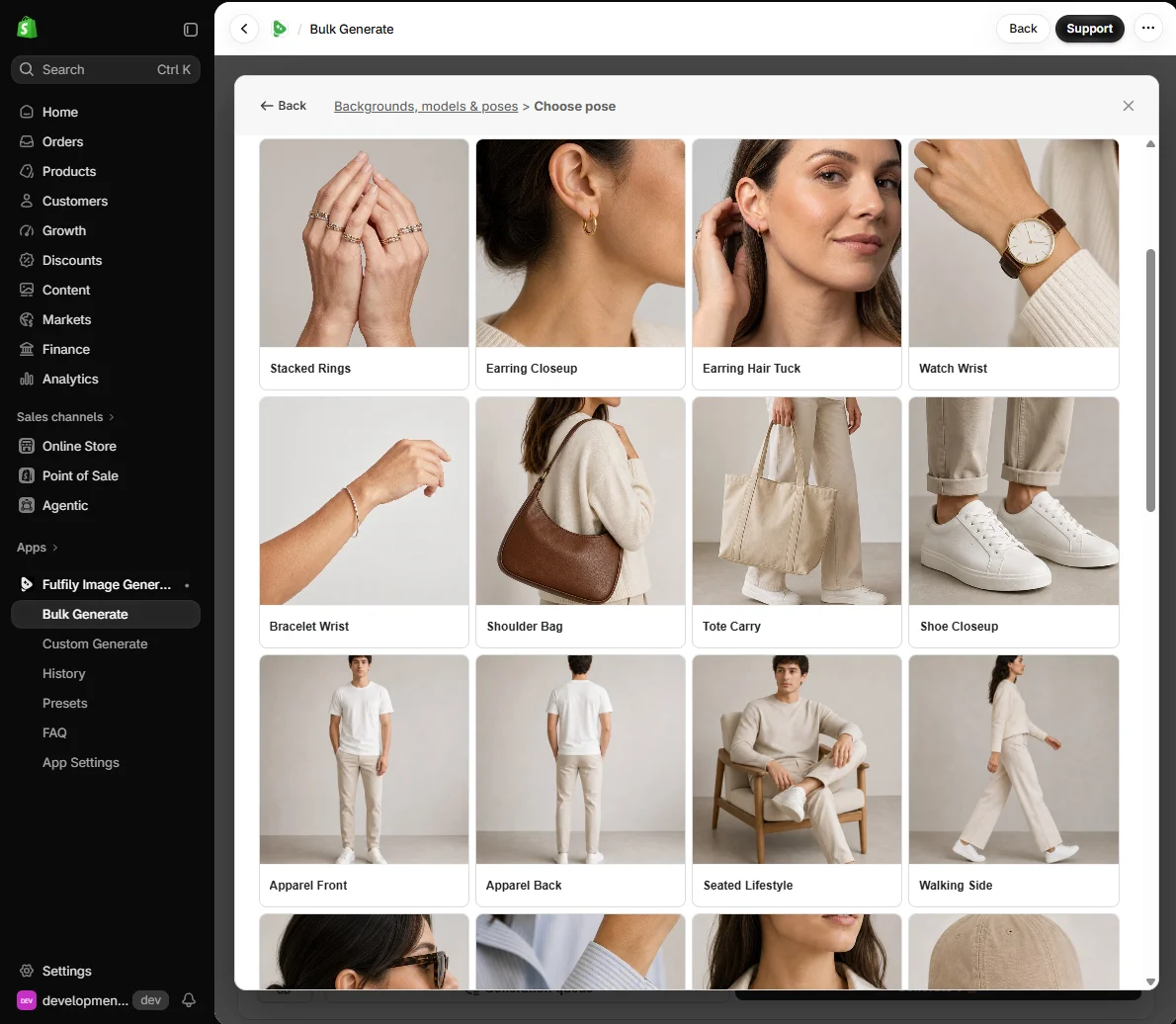 The Fulfily app inside Shopify admin, showing the pose picker with preview images for poses such as Stacked Rings, Earring Closeup, Shoulder Bag and Apparel Front