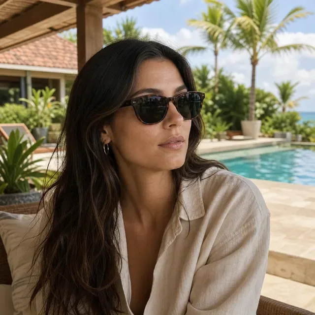 Preview image of the Resort Sunglasses preset: Sunglasses worn next to a pool on a sunny day.