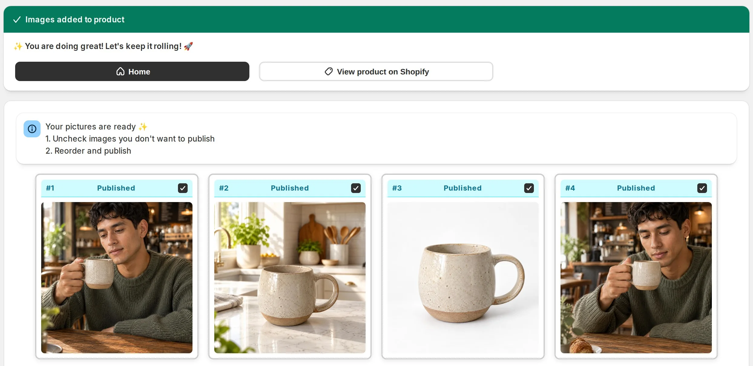 Fulfily review page after publishing: a green 'Images added to product' banner above four stoneware mug images marked Published
