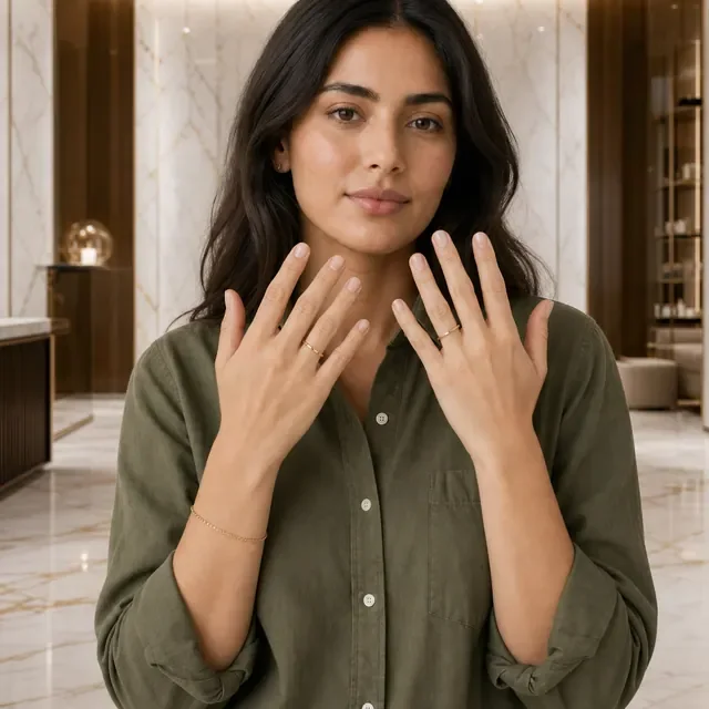 Preview image of the Ring & Bracelet Hands preset: A model showing rings and a bracelet on both hands, in a bright room with marble.