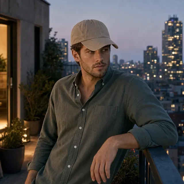 Preview image of the Rooftop Cap preset: A cap worn on a city rooftop in the evening.