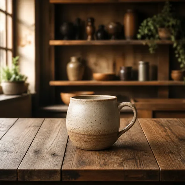 Preview image of the Rustic Artisan Table preset: A warm wooden table with shelves behind it, for handmade and kitchen products.