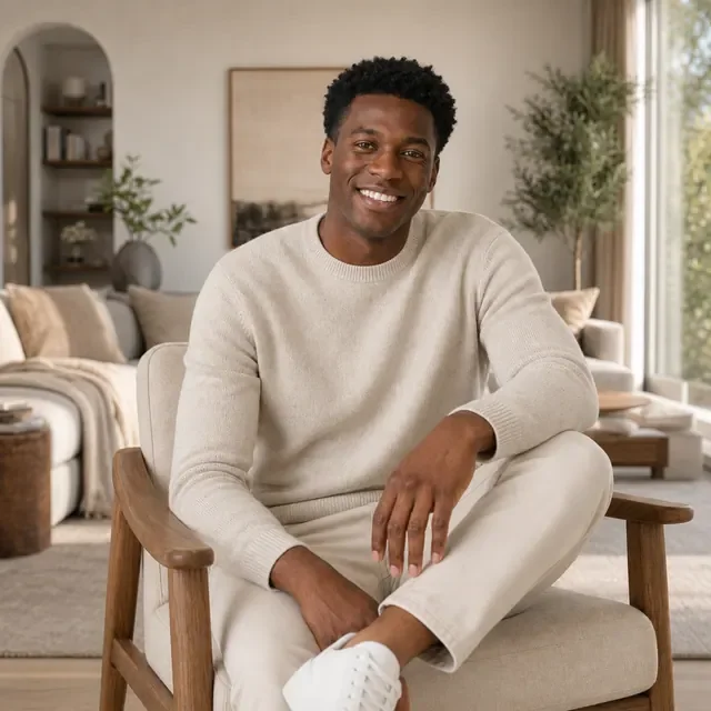 Preview image of the Seated at Home preset: A model sitting in a chair at home, for loungewear, knitwear and comfortable clothes.