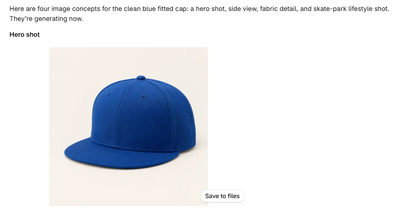 Sidekick's reply in the Shopify admin: four image concepts for the clean blue fitted cap, with the first image showing a plain cap