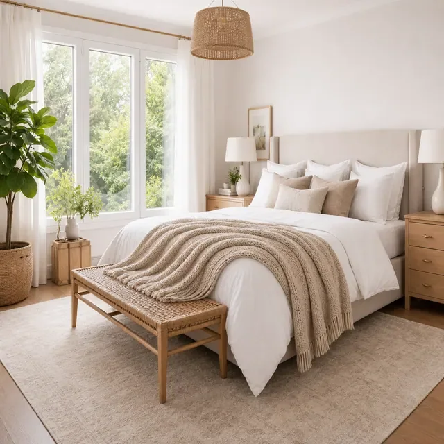 Preview image of the Soft Bedroom Morning preset: A bright bedroom in morning light, for bedding, blankets and bedroom decor.