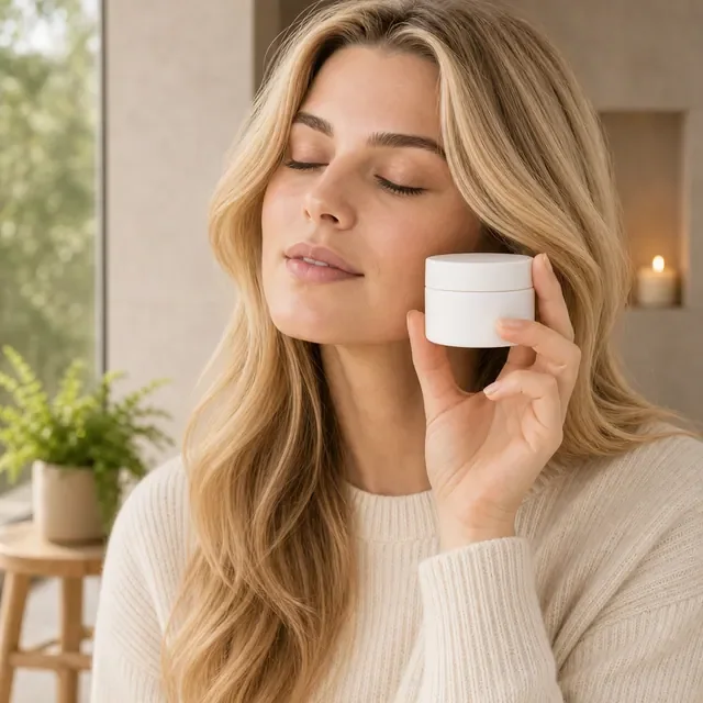 Preview image of the Spa Skincare preset: A model holding a skincare jar close to her face, in a calm spa bathroom.