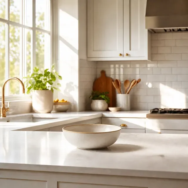 Preview image of the Sunny Kitchen Counter preset: A bright kitchen counter in daylight, for kitchenware, bowls and table decor.