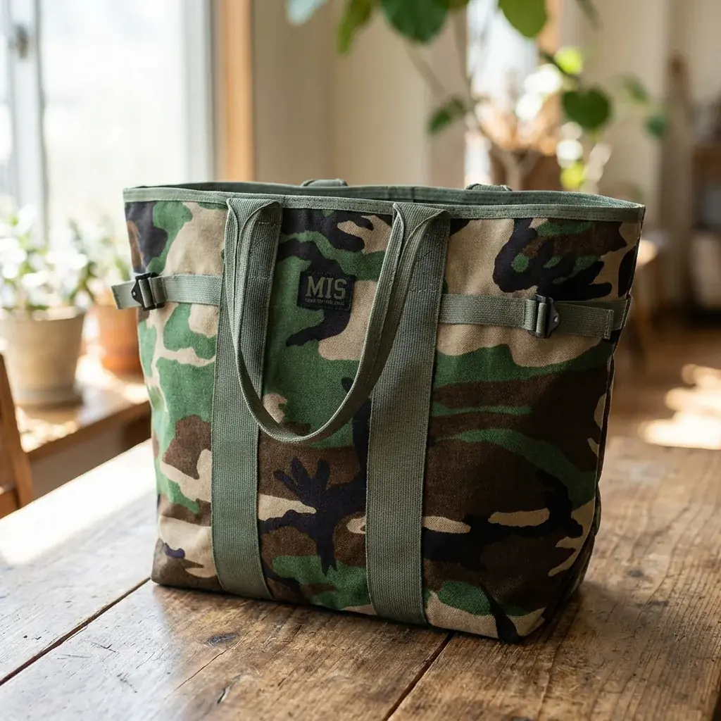Accessories lifestyle image: camouflage tote picnic