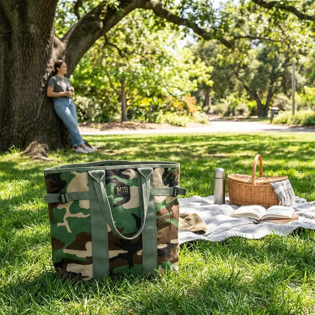 Accessories lifestyle image: camouflage tote park
