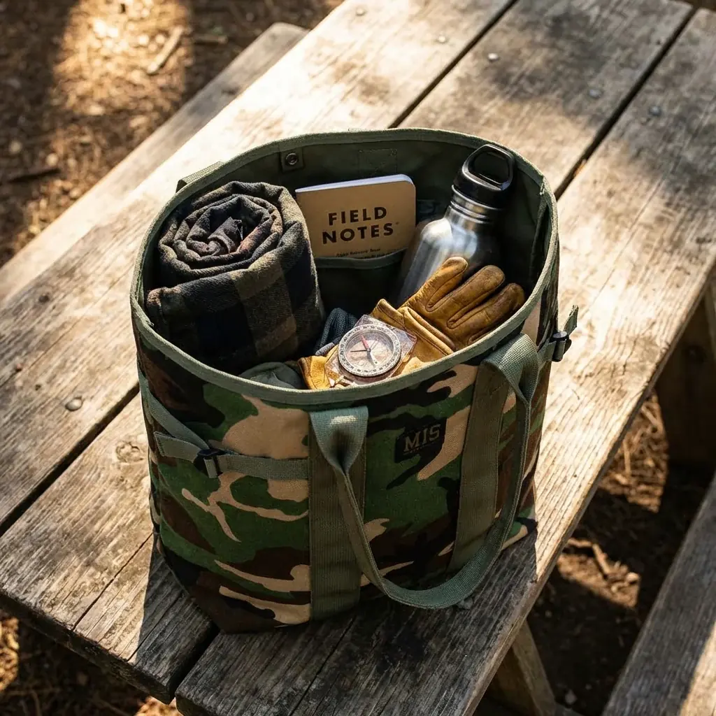 Accessories lifestyle image: camouflage tote workshop
