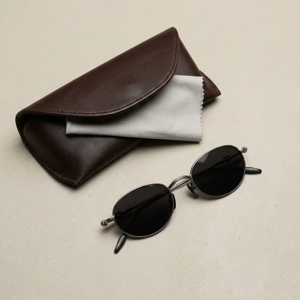 Accessories lifestyle image: card holder sunglasses flat lay