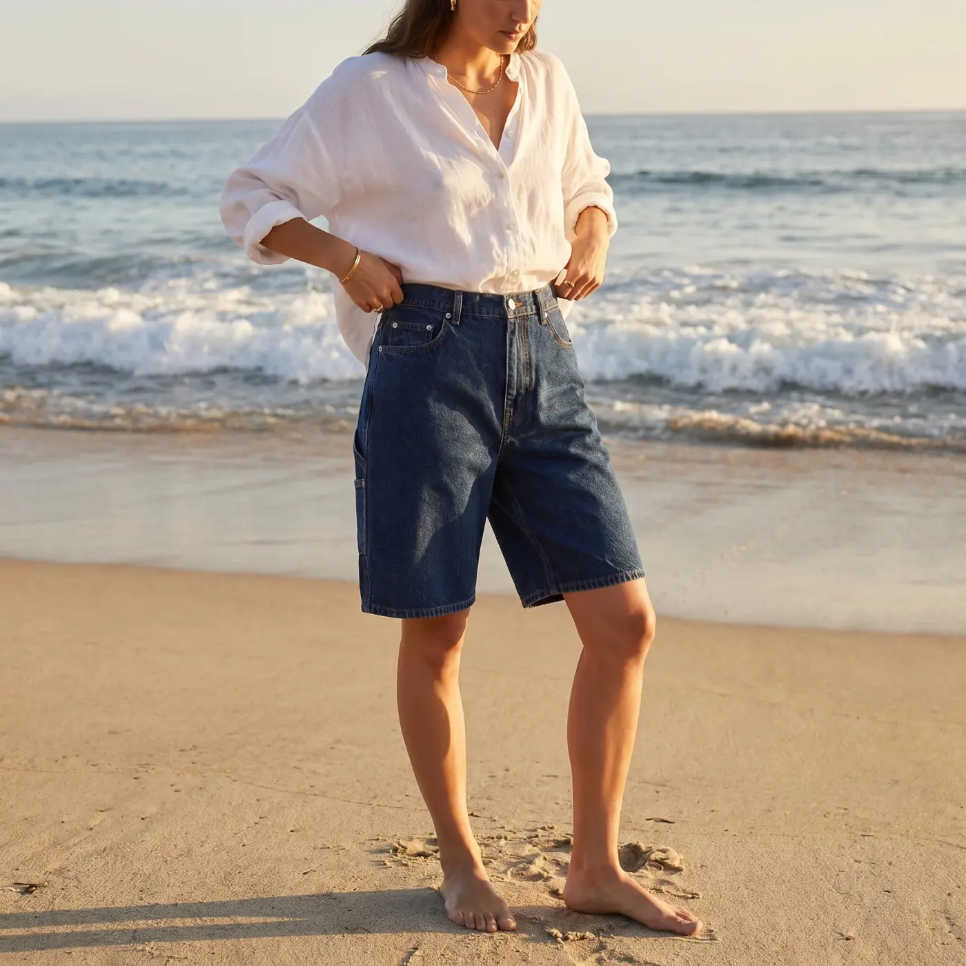 Fashion lifestyle image: beach carpenter shorts
