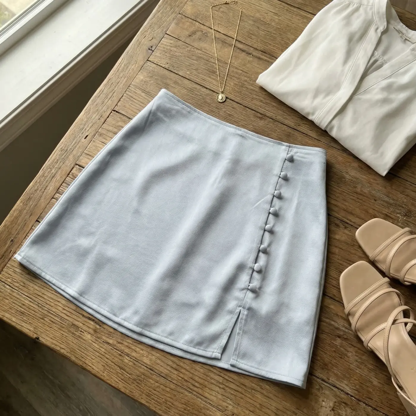 Fashion lifestyle image: silky mini skirt flat lay