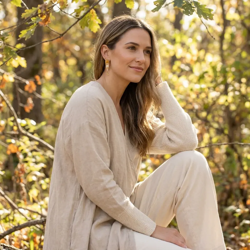 Fashion lifestyle image: cream outfit garden