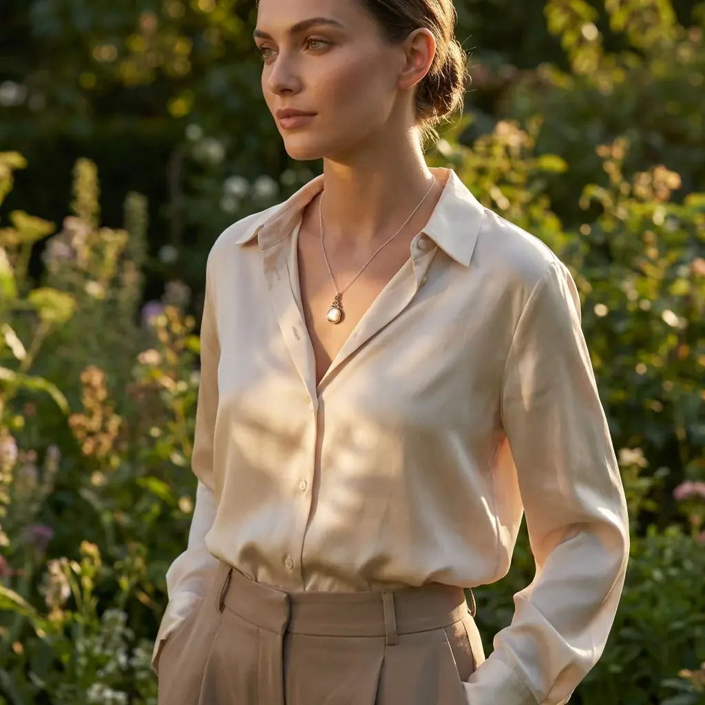 Fashion lifestyle image: cream shirt garden