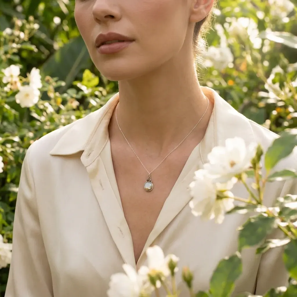 Fashion lifestyle image: cream shirt pearl pendant