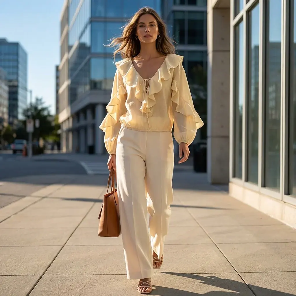 Fashion lifestyle image: cream jacket city