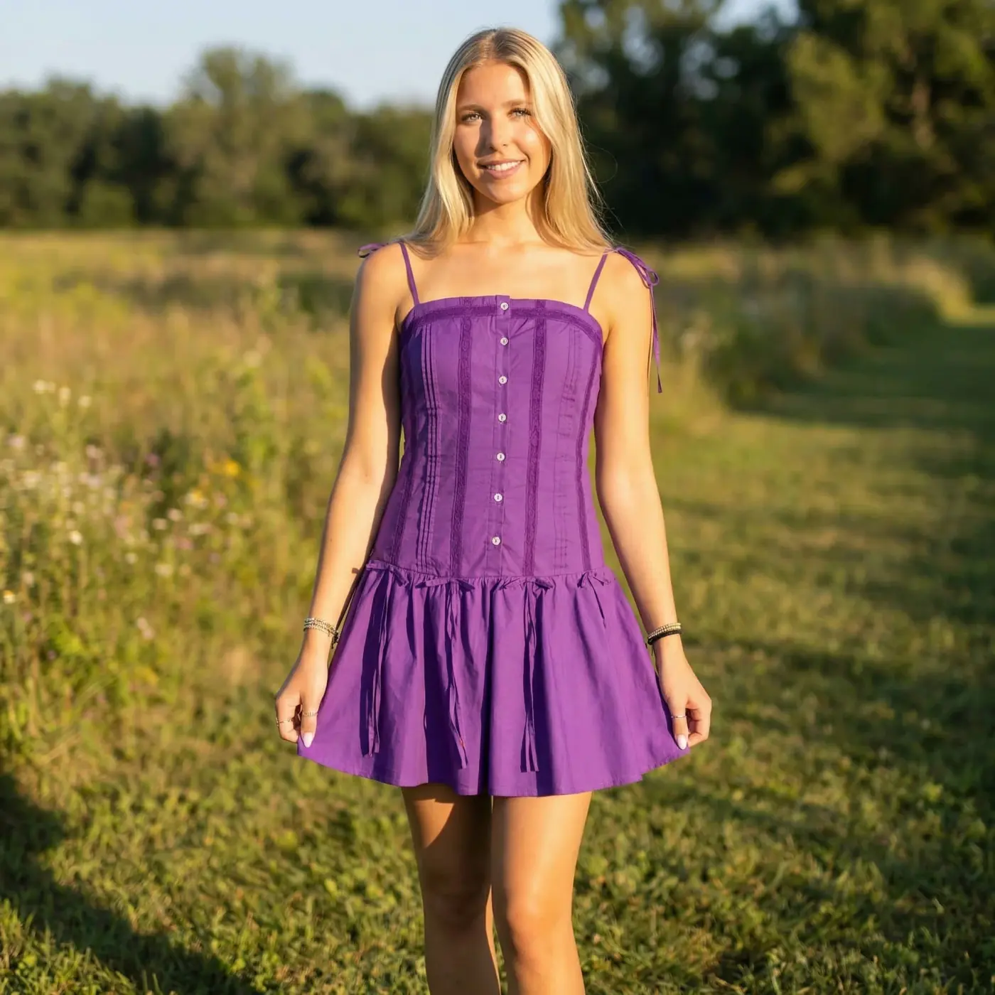 Fashion lifestyle image: purple drop waist dress
