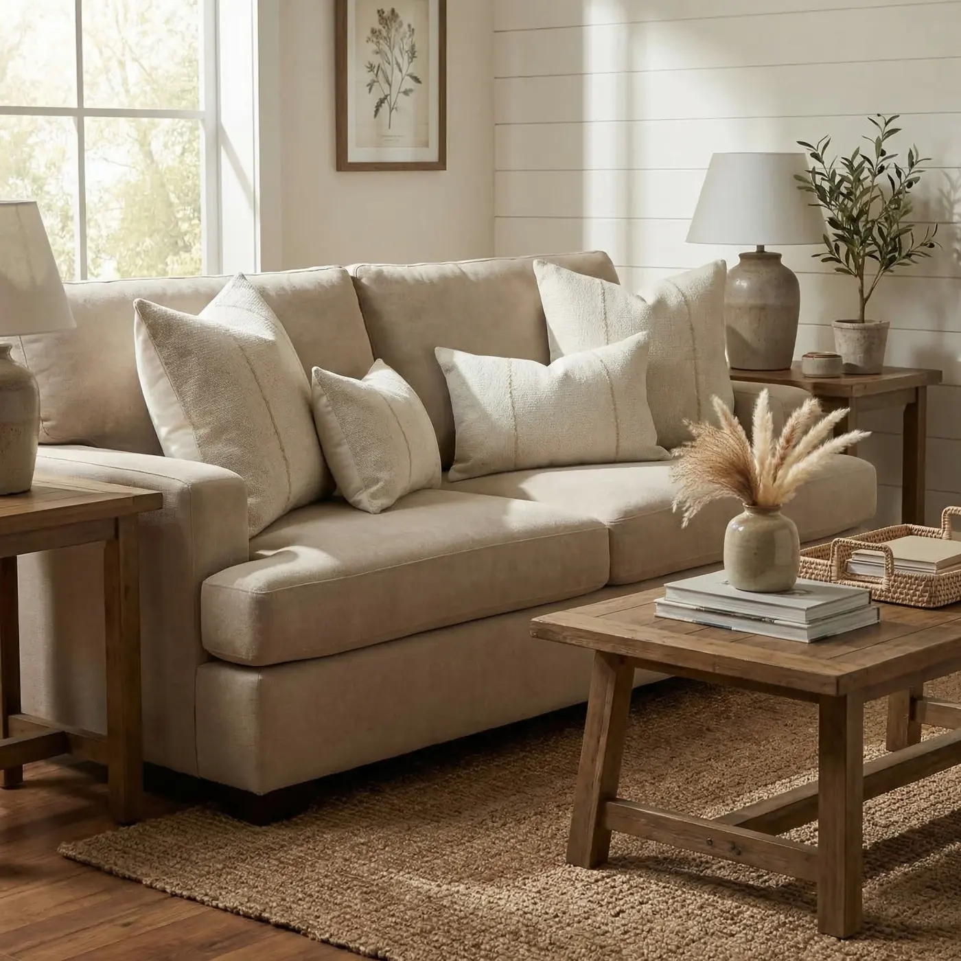 Home lifestyle image: farmhouse living room pillows