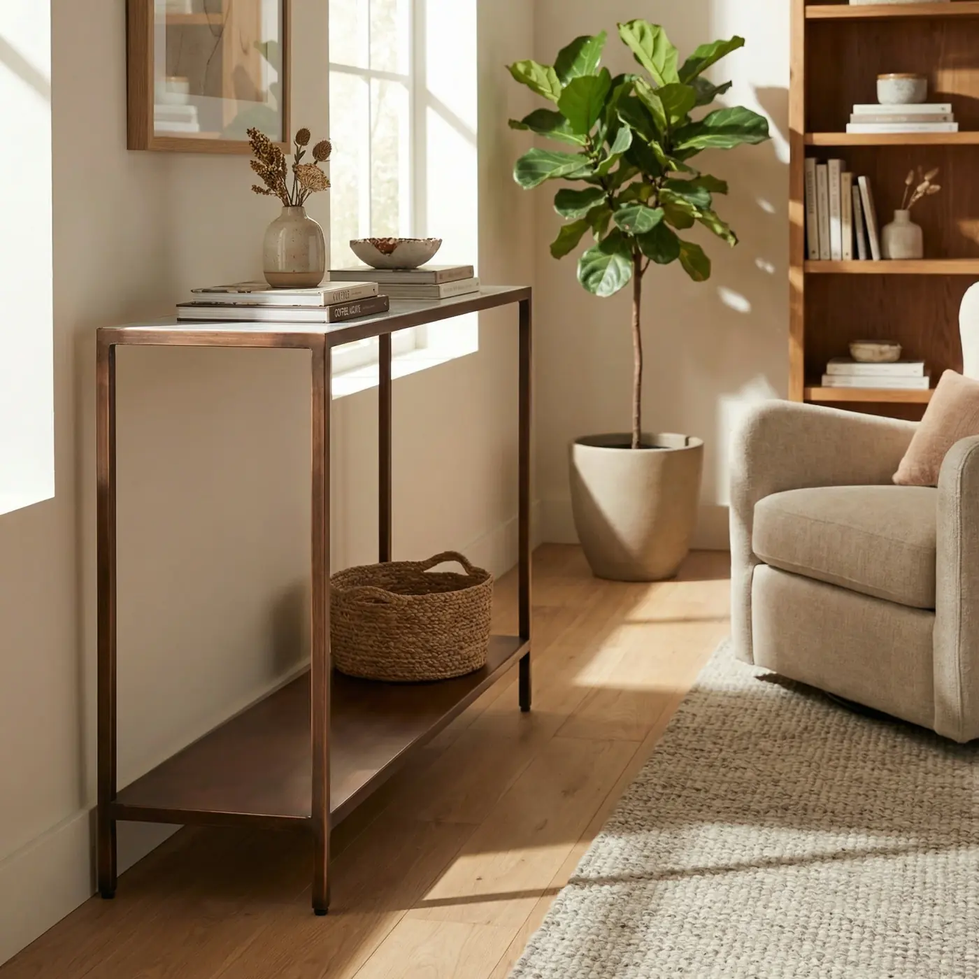 Home lifestyle image: antique copper marble console
