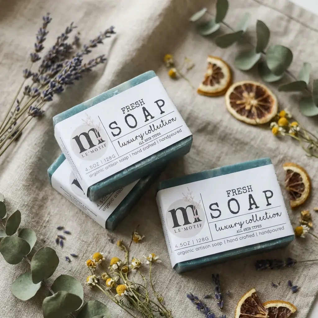 Home lifestyle image: organic soap linen flat lay