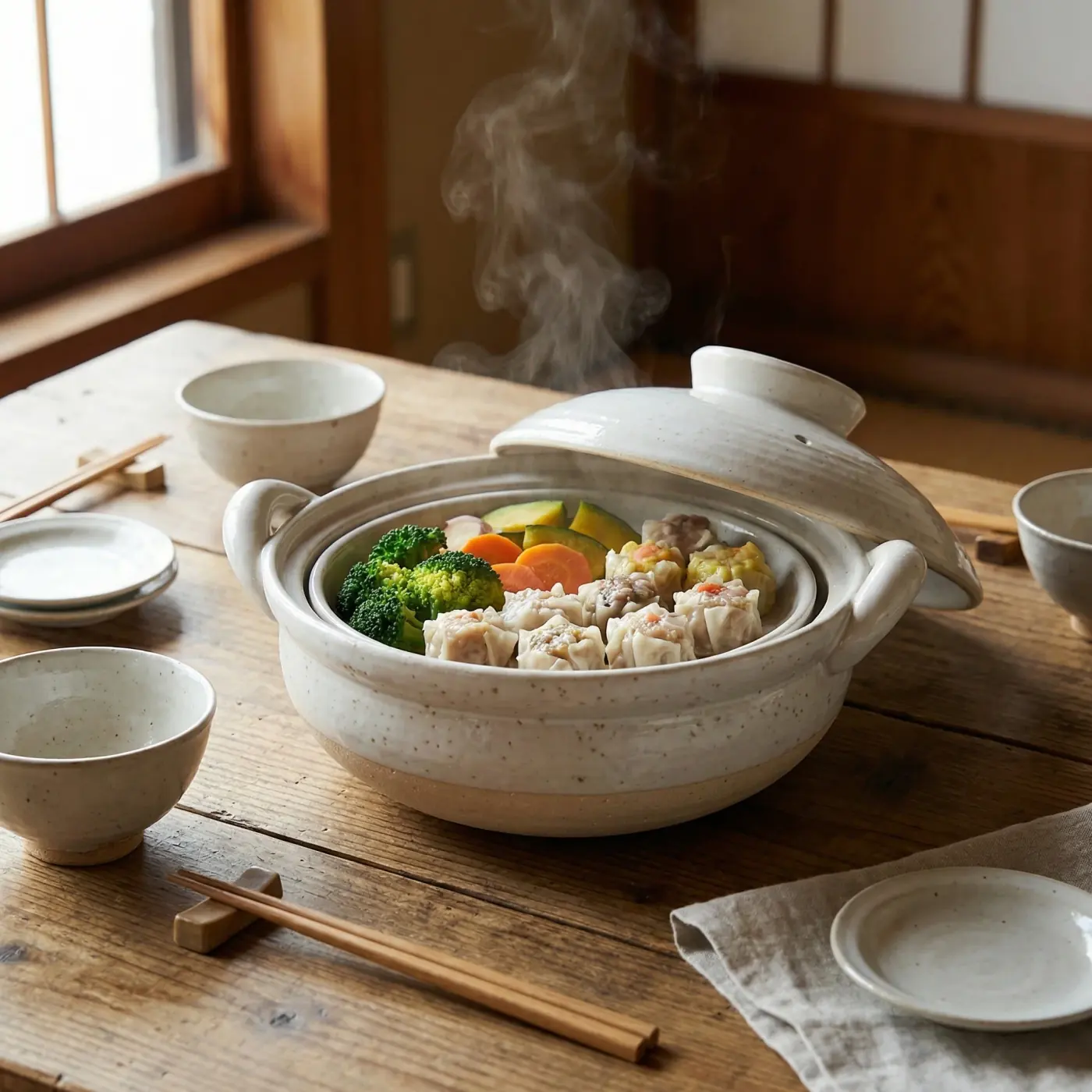 Home lifestyle image: donabe table steaming vegetables