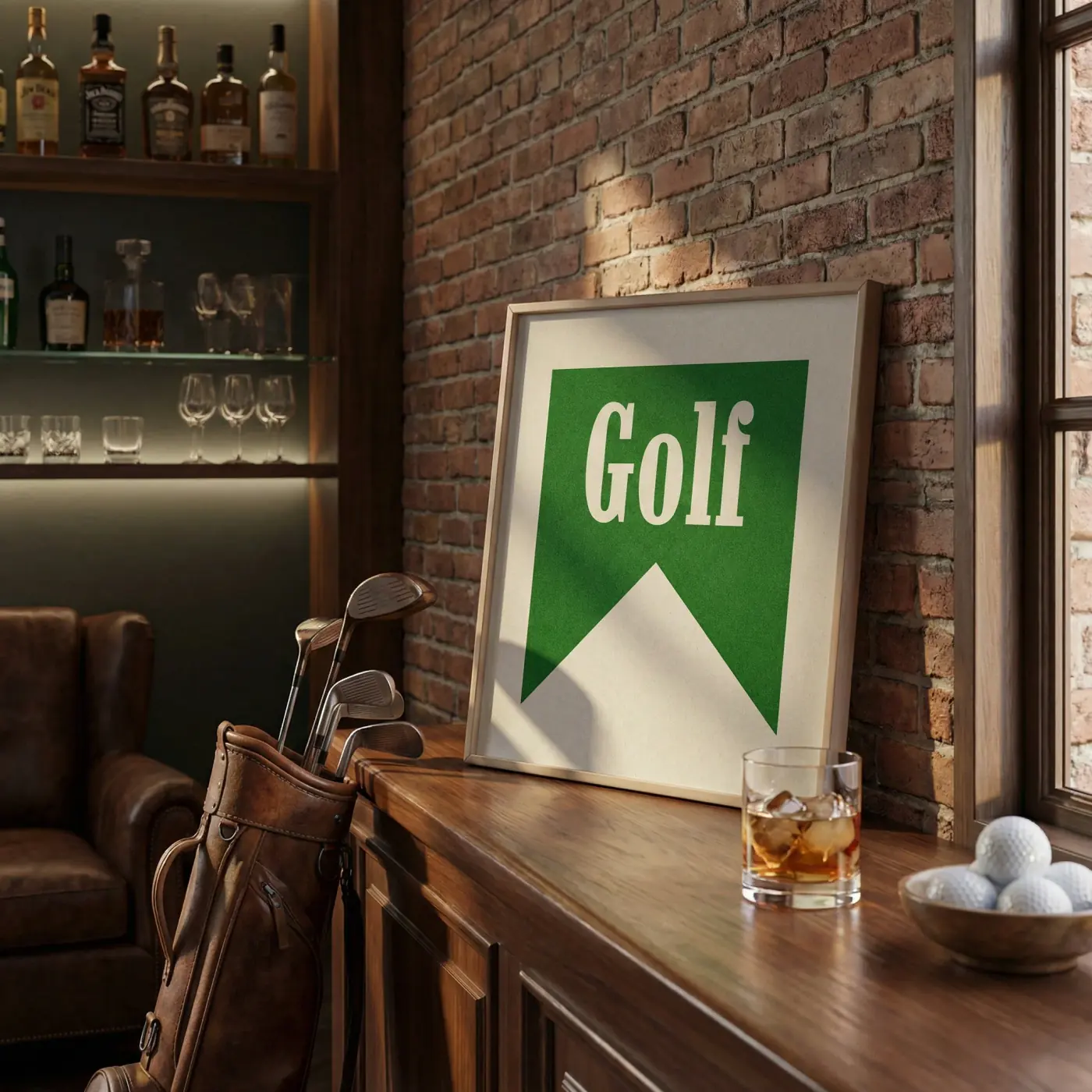 Home lifestyle image: golf poster brick wall