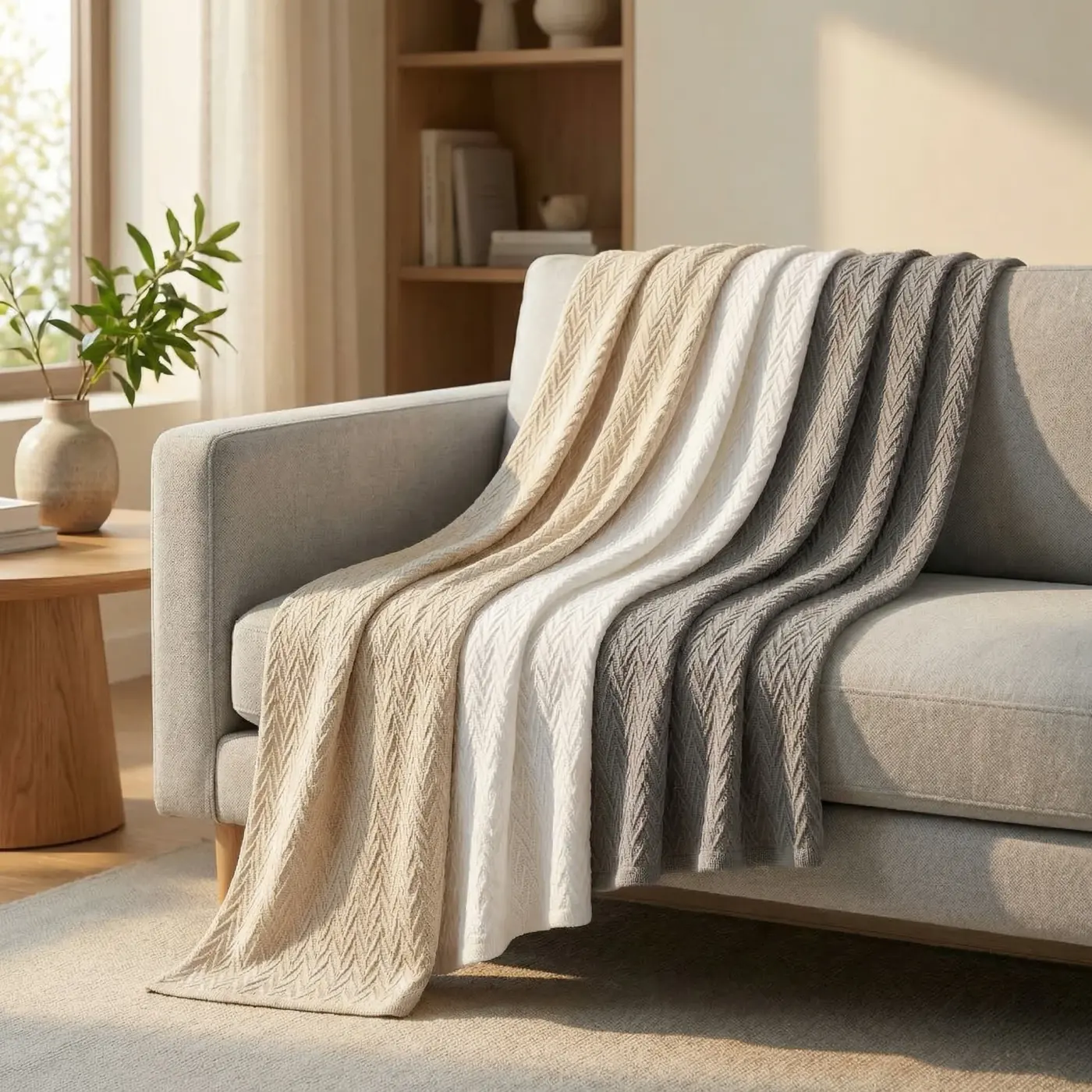 Home lifestyle image: cotton blanket sofa