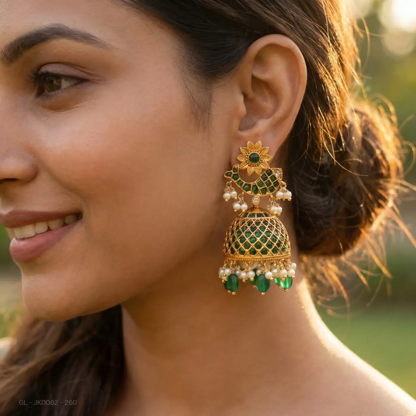 Jewelry lifestyle image: green pearl jhumkas model