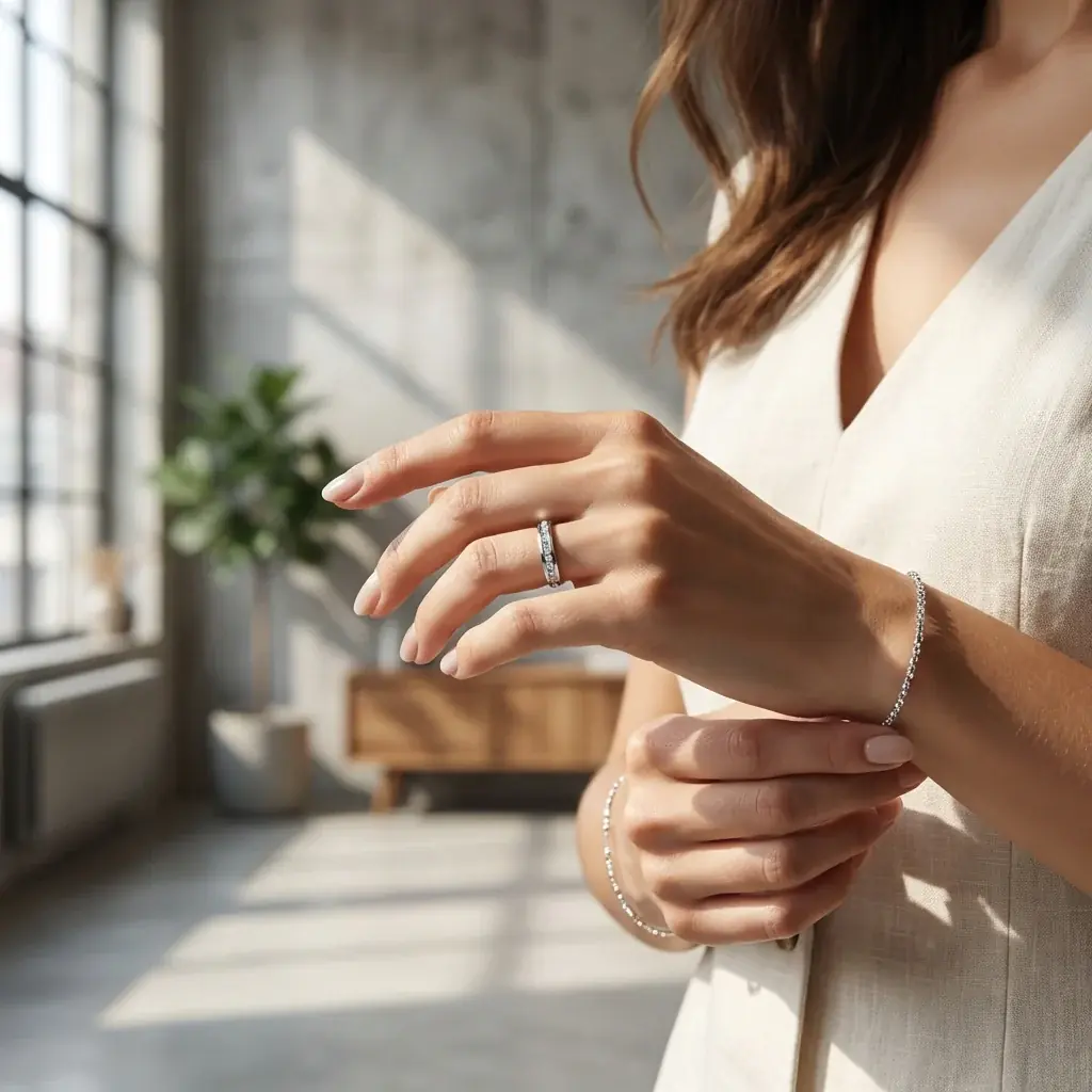 Jewelry lifestyle image: silver ring studio closeup