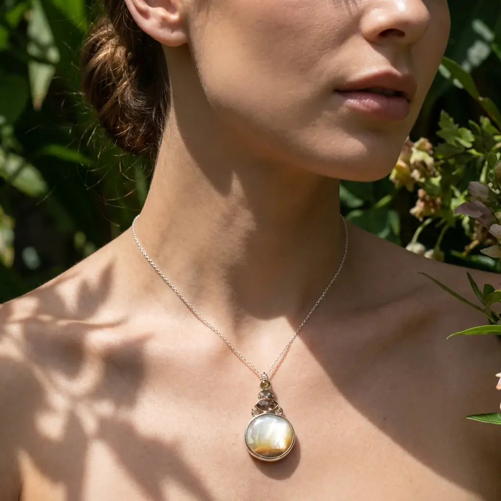 Jewelry lifestyle image: pearl pendant garden closeup