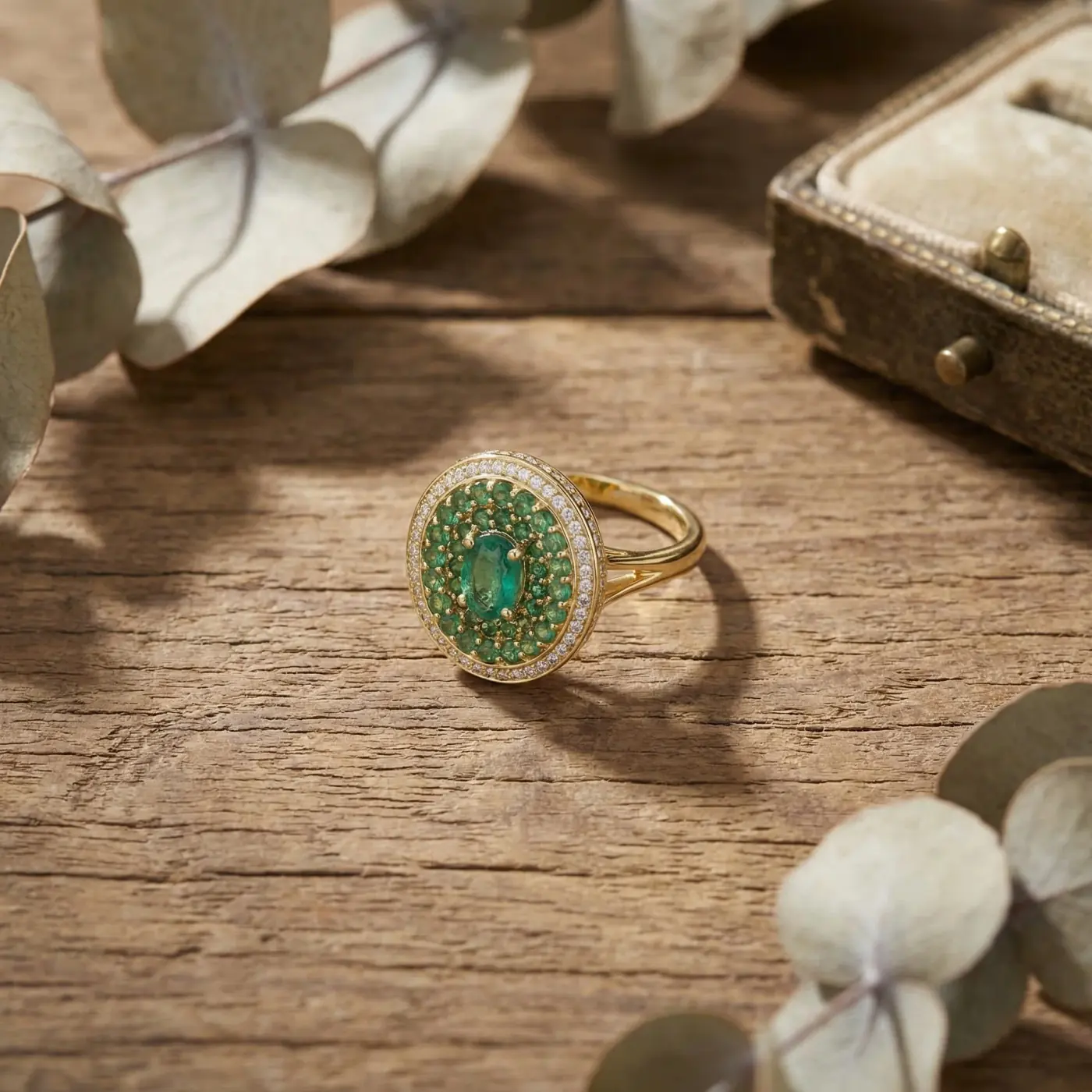 Jewelry lifestyle image: green ombre ring flat lay