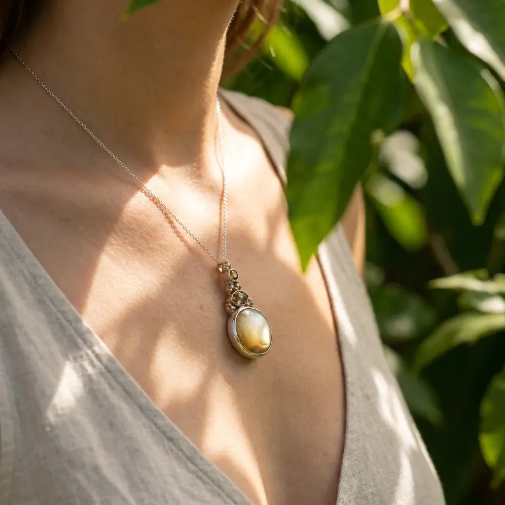 Jewelry lifestyle image: lapis lazuli necklace closeup
