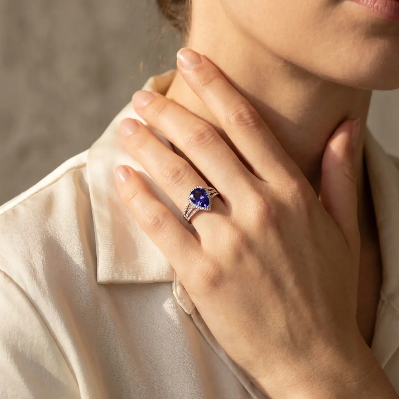 Jewelry lifestyle image: sapphire ring closeup