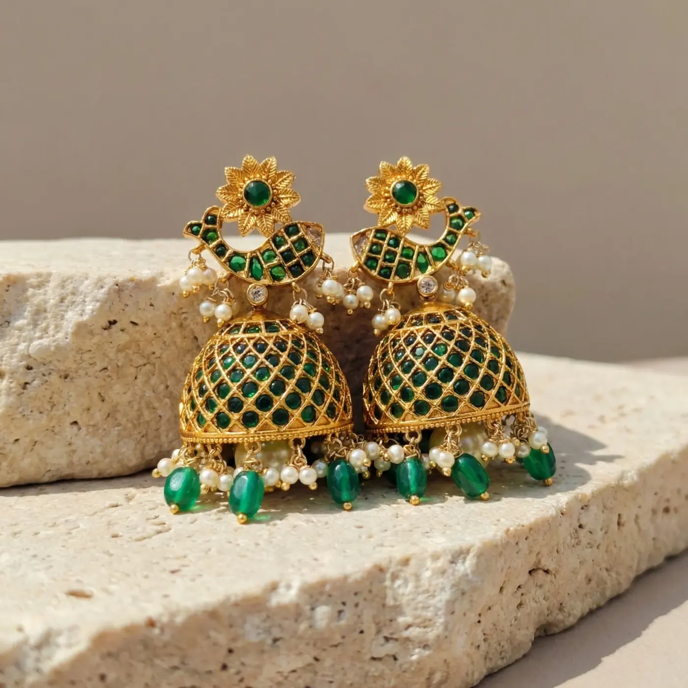 Jewelry lifestyle image: green jhumkas product display